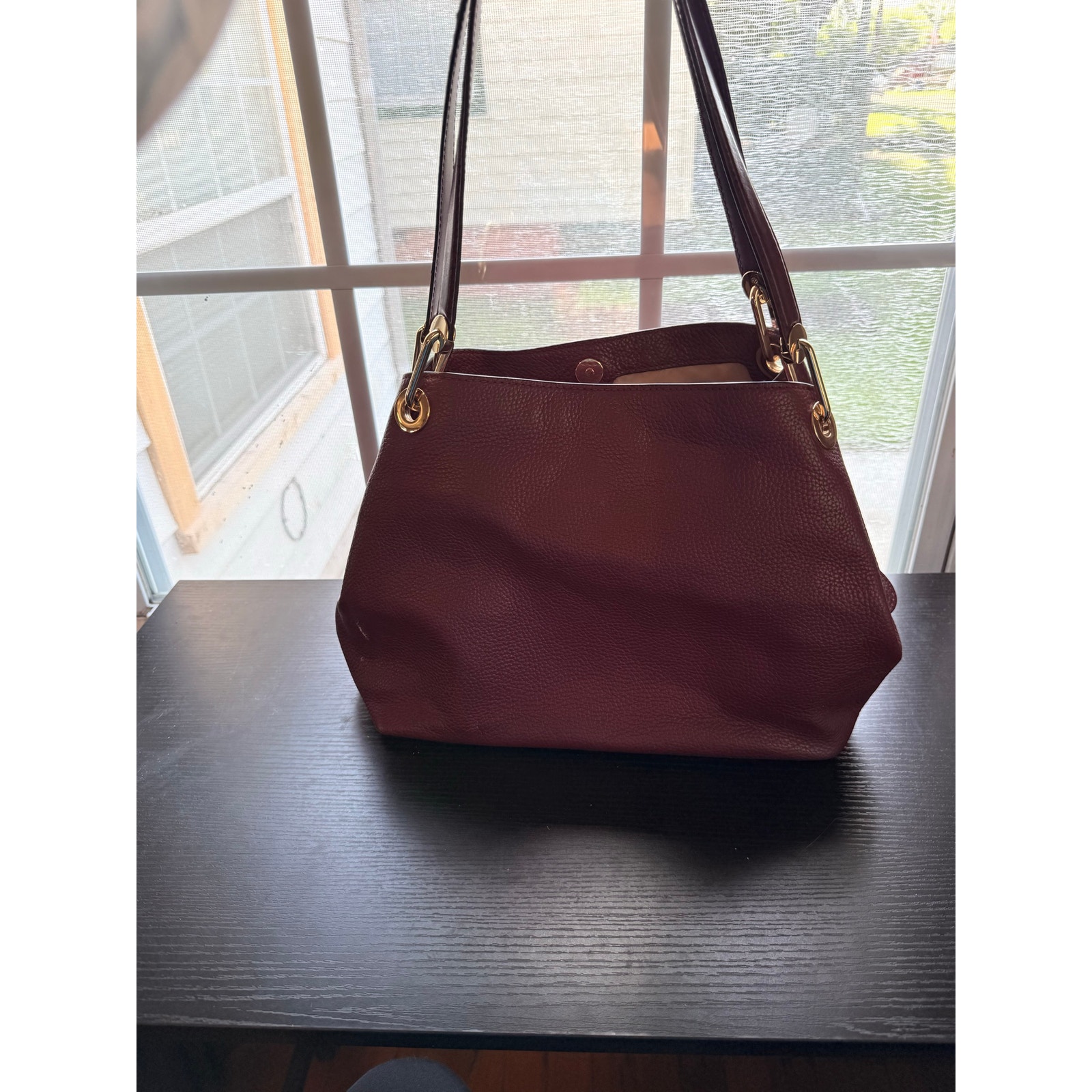 Michael Kors Raven Large Pebbled Leather Shoulder Tote Burgundy Center Zip Bag